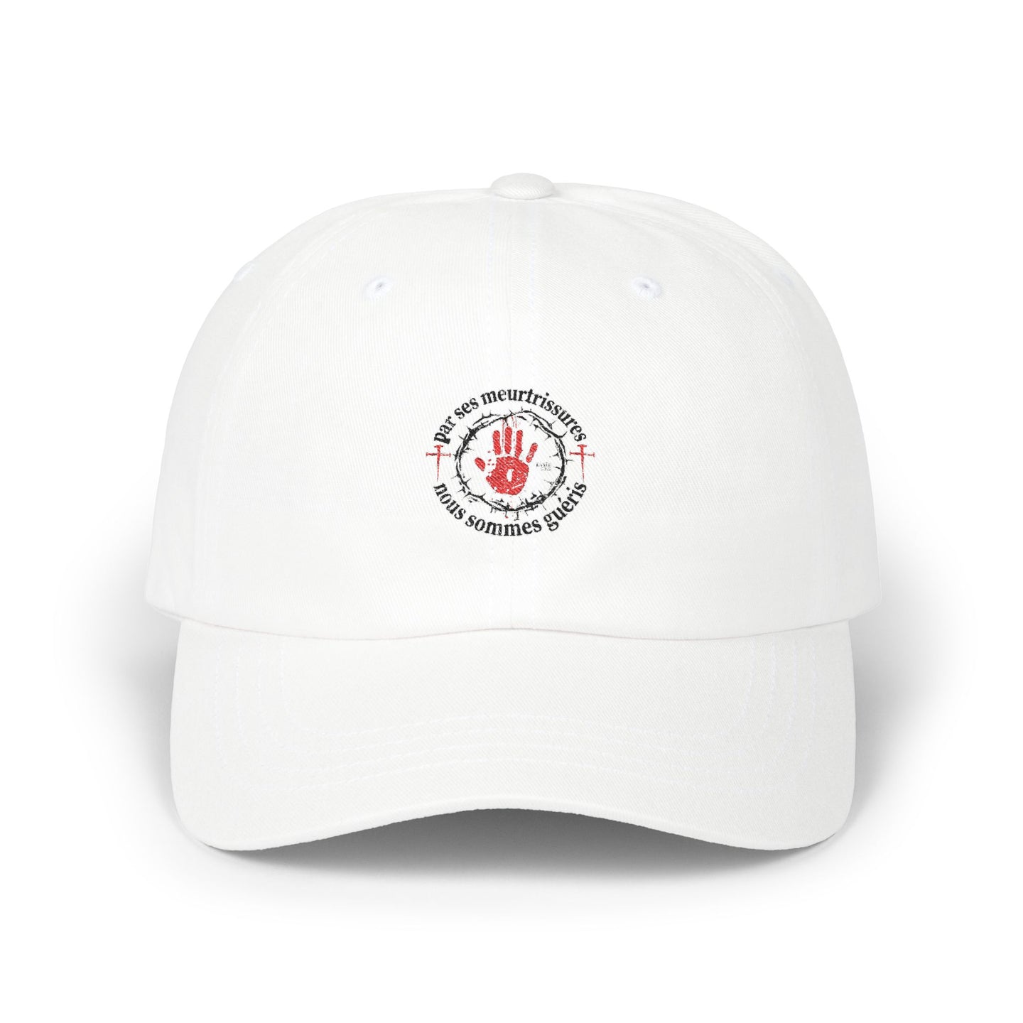 Casquette blanche en coton avec un logo imprimé représentant une main rouge et du texte français.