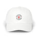 Casquette blanche en coton avec un logo imprimé représentant une main rouge et du texte français.