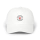 Casquette blanche en coton avec un logo imprimé représentant une main rouge et du texte français.