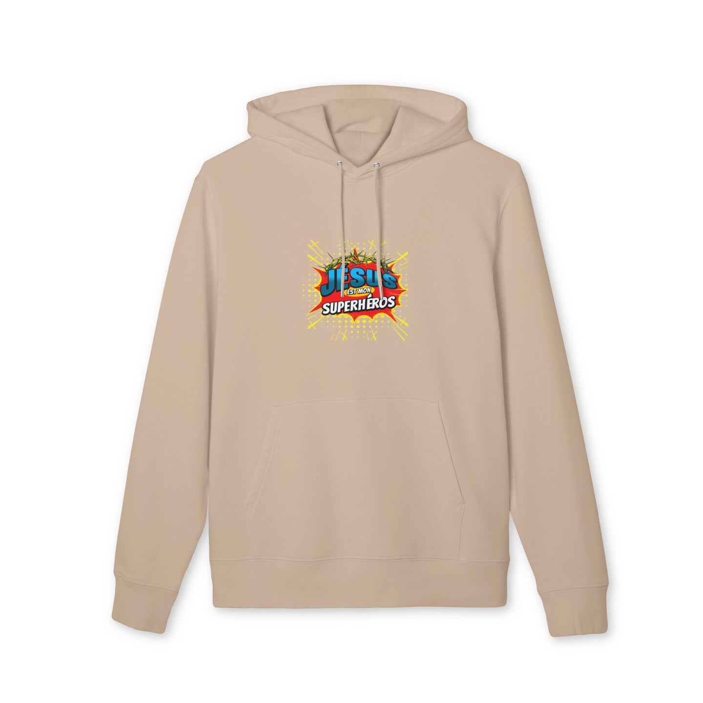 Sweat à capuche beige en coton bio avec le motif Jésus est mon superhéros sur la poitrine.