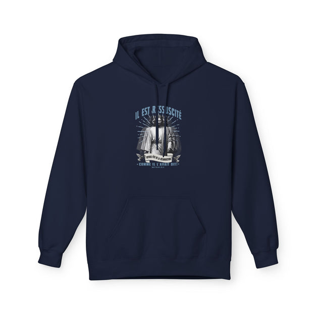 Sweat à capuche bleu marine pour femme avec une illustration religieuse imprimée sur la poitrine.