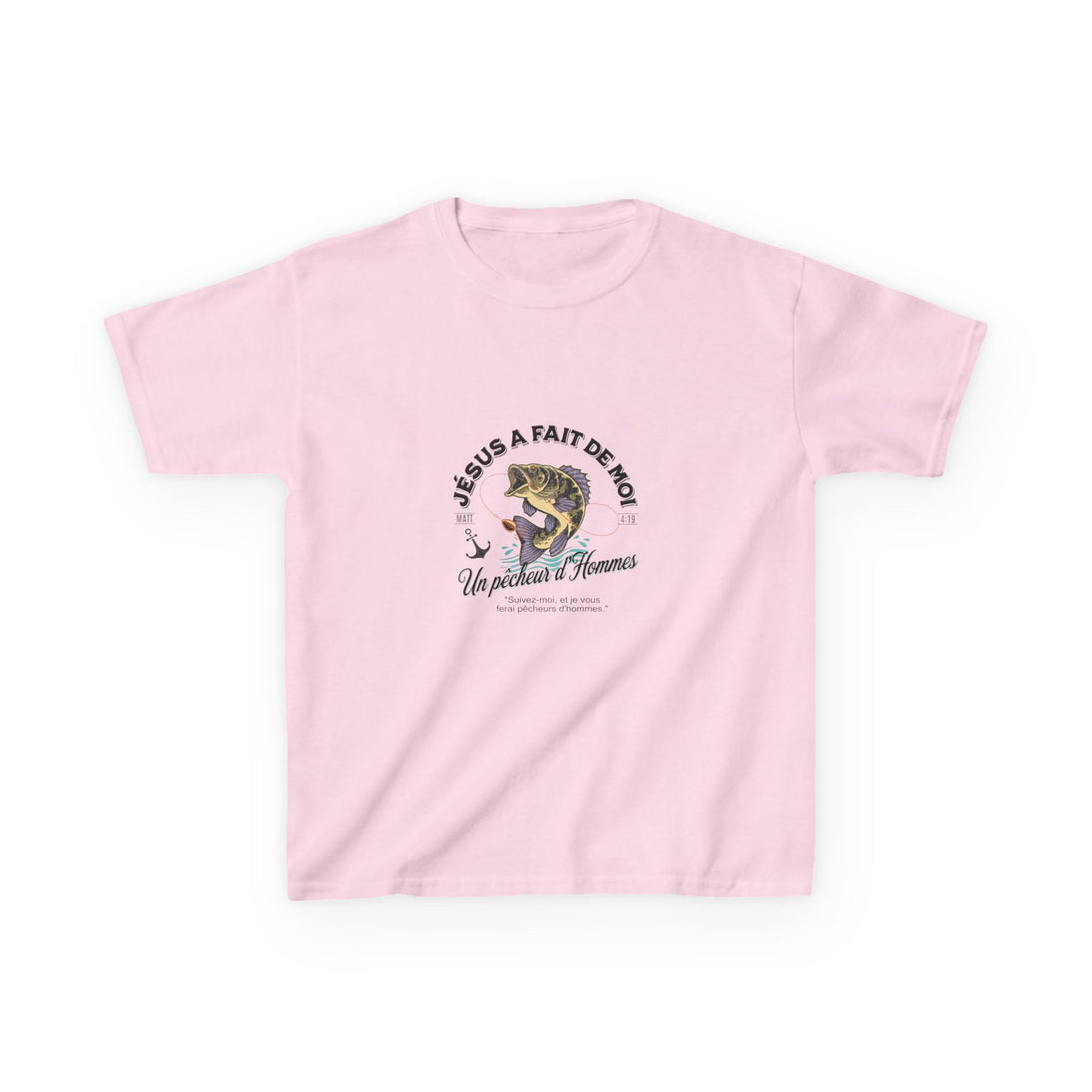 T-shirt rose pour enfant avec une illustration de poisson et un texte religieux en français.