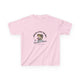 T-shirt rose pour enfant avec une illustration de poisson et un texte religieux en français.