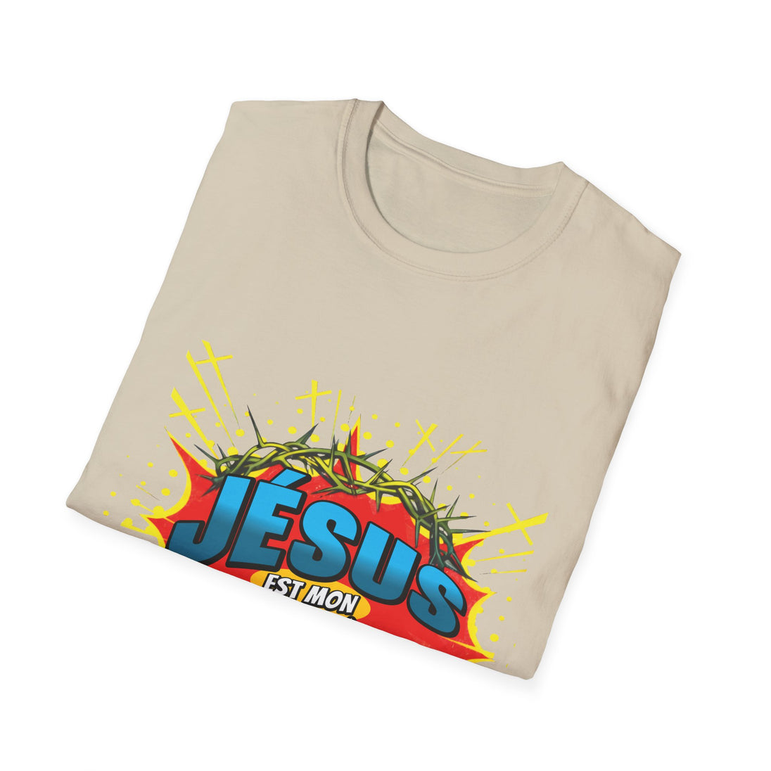 T-shirt beige plié avec une illustration style bande dessinée représentant une couronne d'épines.