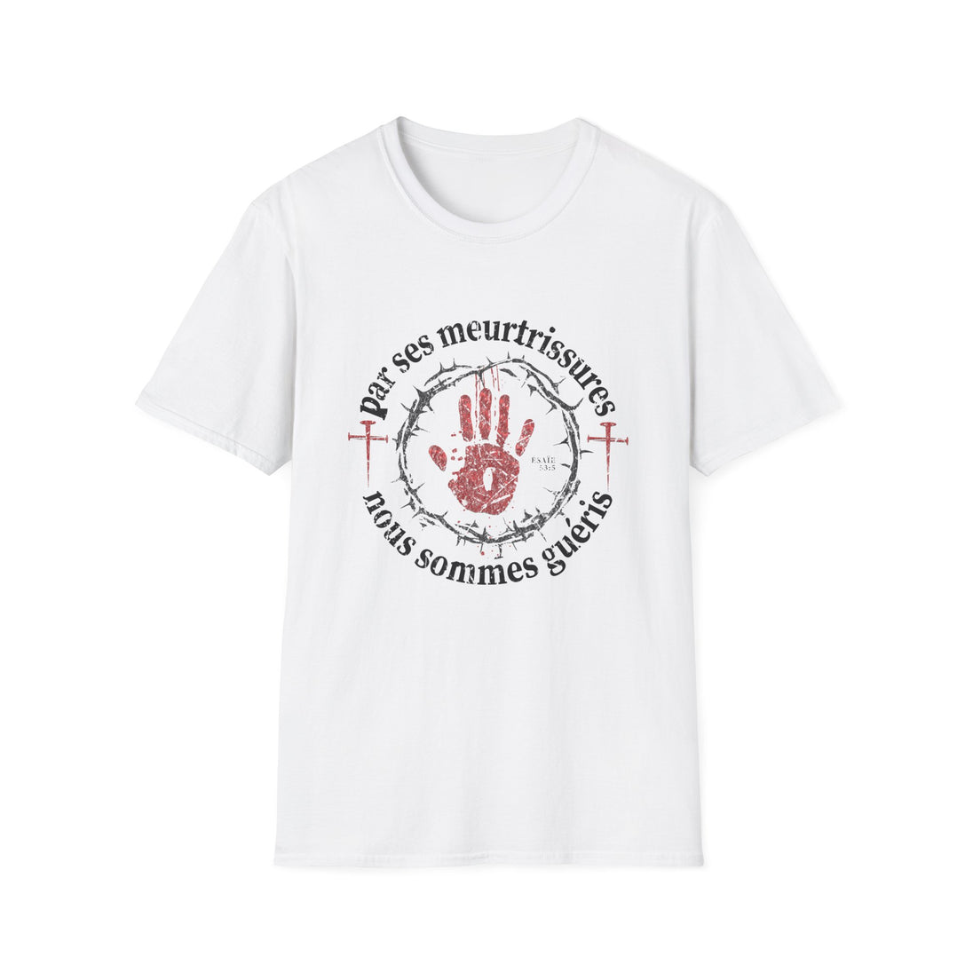 T-shirt blanc pour femme avec une impression religieuse représentant une main ensanglantée et une couronne d'épines.