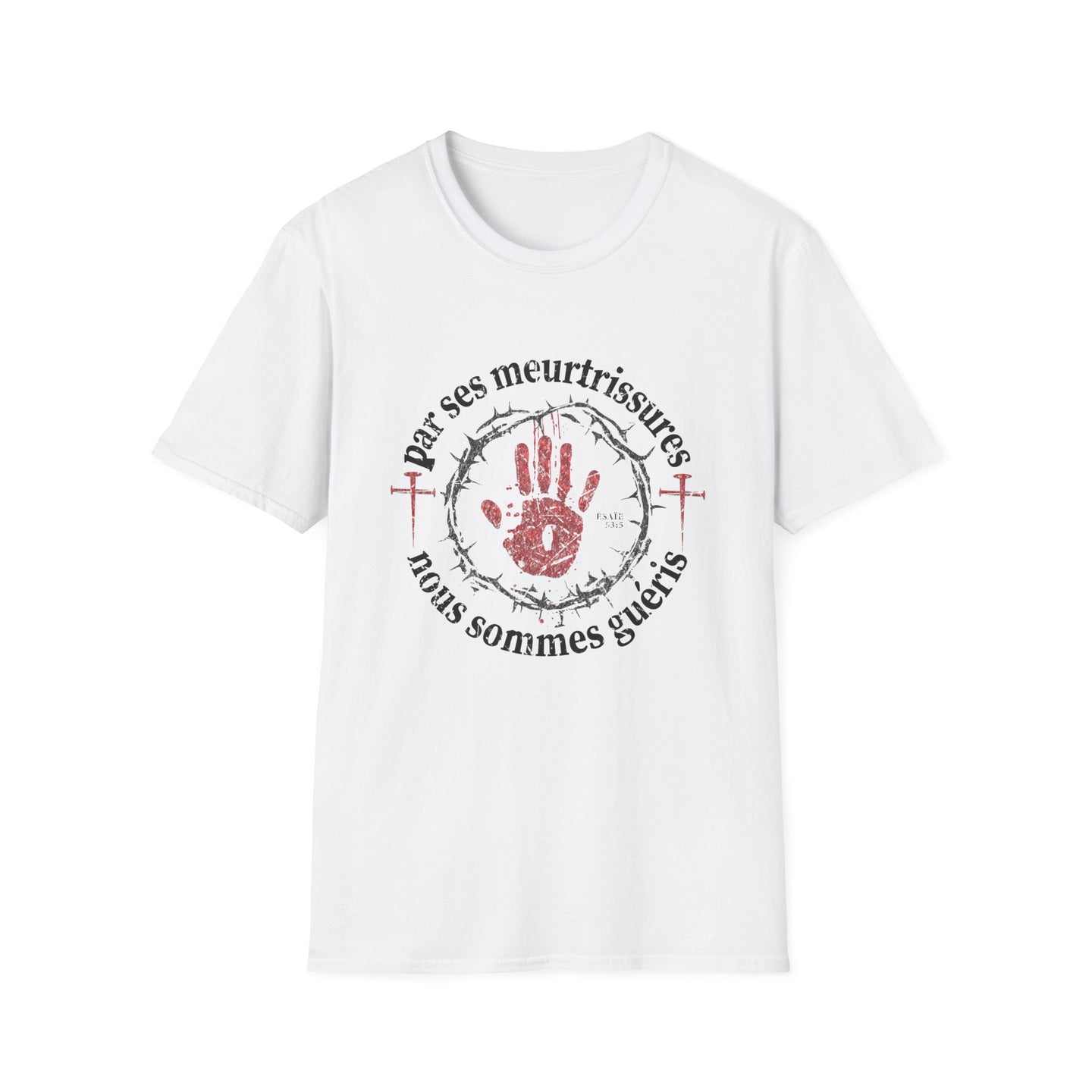 T-shirt blanc pour femme avec une impression religieuse représentant une main ensanglantée et une couronne d'épines.