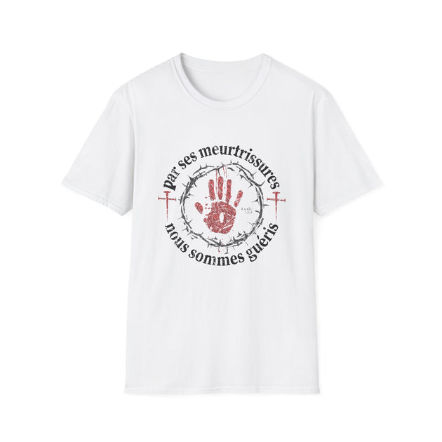 T-shirt blanc pour femme avec une impression religieuse représentant une main ensanglantée et une couronne d'épines.
