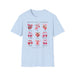 T-shirt bleu clair pour femme orné d'illustrations aquarelles de fruits et de rubans roses.