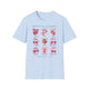T-shirt bleu clair pour femme orné d'illustrations aquarelles de fruits et de rubans roses.