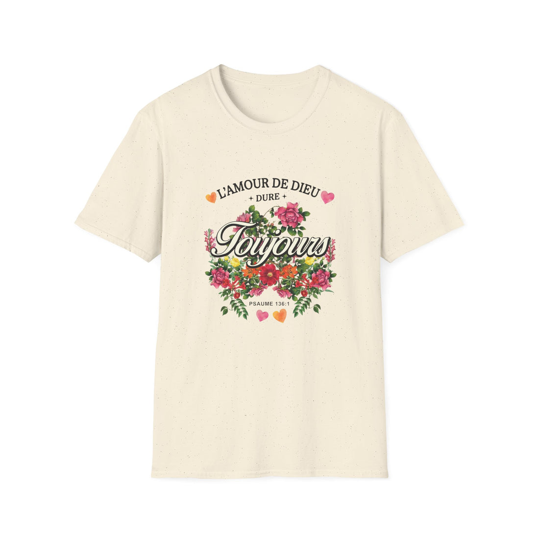 T-shirt beige chiné pour femme avec un motif floral et le texte L'amour de Dieu dure toujours.