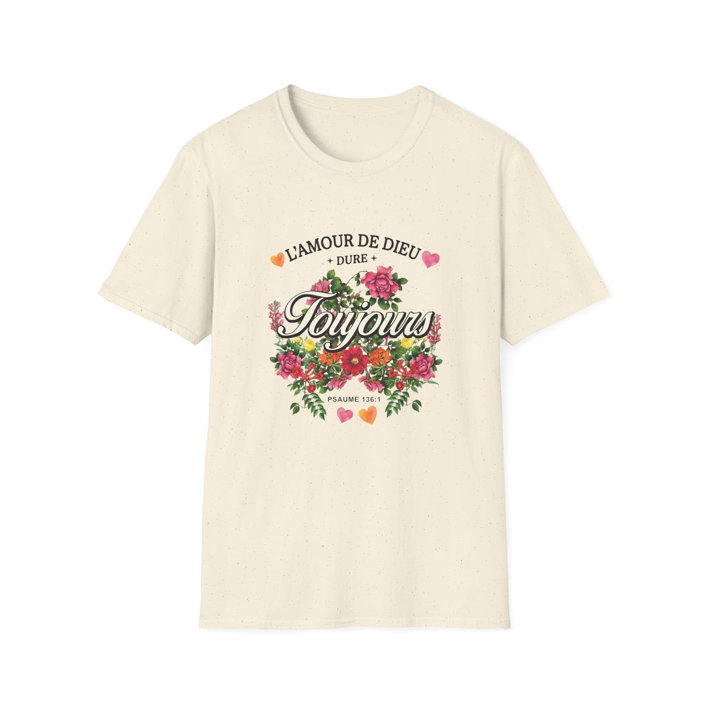 T-shirt beige chiné pour femme avec un motif floral et le texte L'amour de Dieu dure toujours.