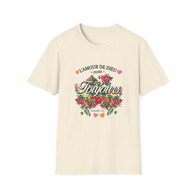 T-shirt beige chiné pour femme avec un motif floral et le texte L'amour de Dieu dure toujours.