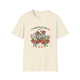 T-shirt beige chiné pour femme avec un motif floral et le texte L'amour de Dieu dure toujours.