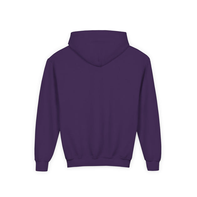 Vue arrière d'un sweat à capuche violet pour enfant avec une coupe classique.