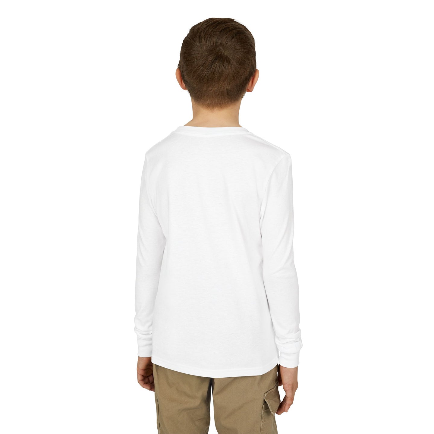 Vue de dos d'un enfant portant un t-shirt blanc à manches longues en coton.
