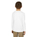 Vue de dos d'un enfant portant un t-shirt blanc à manches longues en coton.