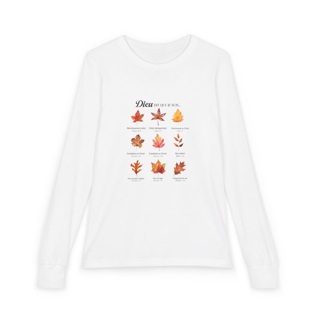 T-shirt blanc à manches longues pour enfant avec un motif de feuilles et des textes religieux.