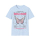 T-shirt bleu clair en coton avec un papillon et le verset biblique 2 Corinthiens 5:17.