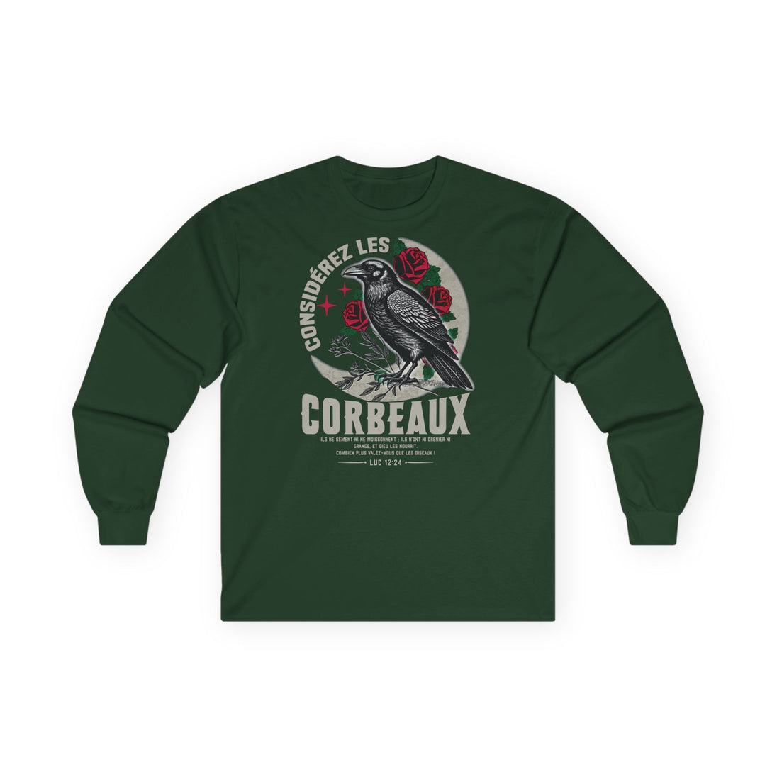 T-shirt à manches longues vert forêt avec une illustration de corbeau et de roses.