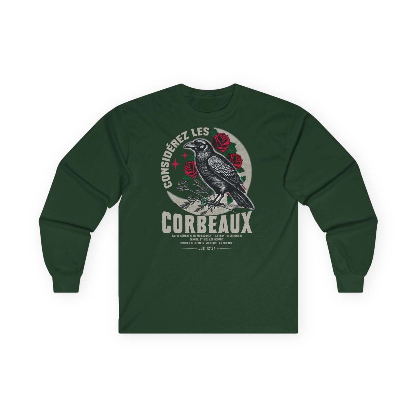 T-shirt à manches longues vert forêt avec une illustration de corbeau et de roses.
