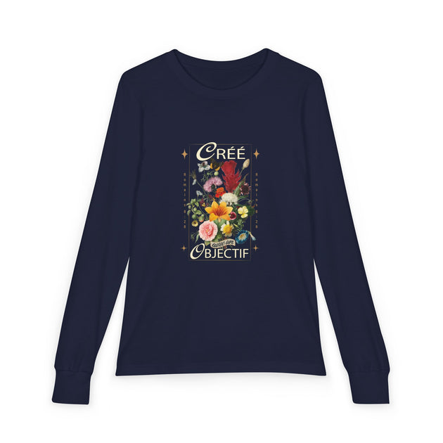 T-shirt bleu marine à manches longues pour enfant avec un motif floral et le texte Créé Objectif.