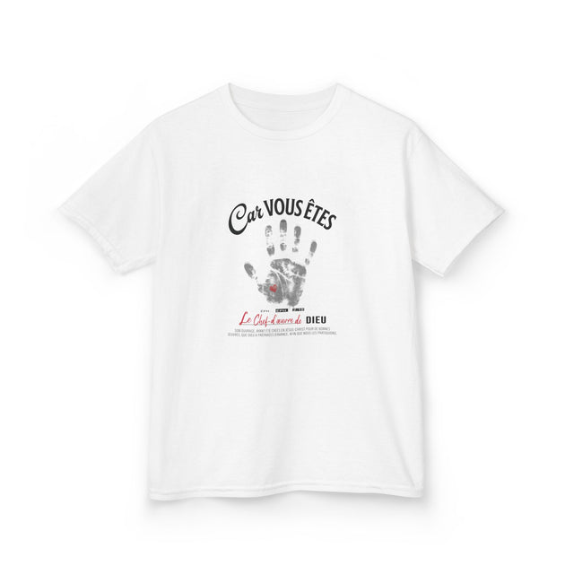 T-shirt blanc pour enfant avec une empreinte de main et le texte Car vous êtes le chef-d'œuvre de Dieu.