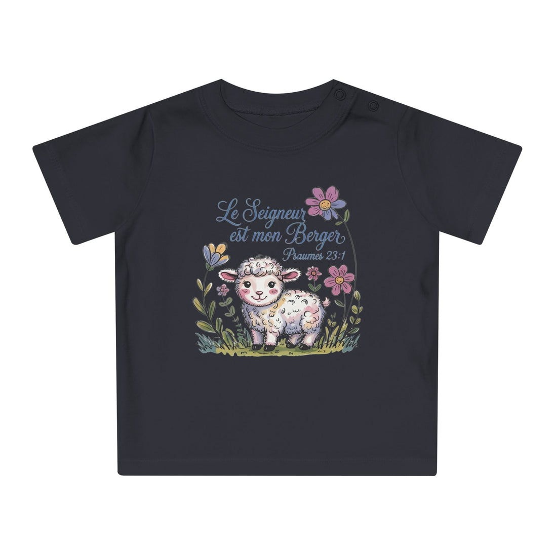 T-shirt gris foncé pour bébé avec un dessin d'agneau et l'inscription Le Seigneur est mon Berger.