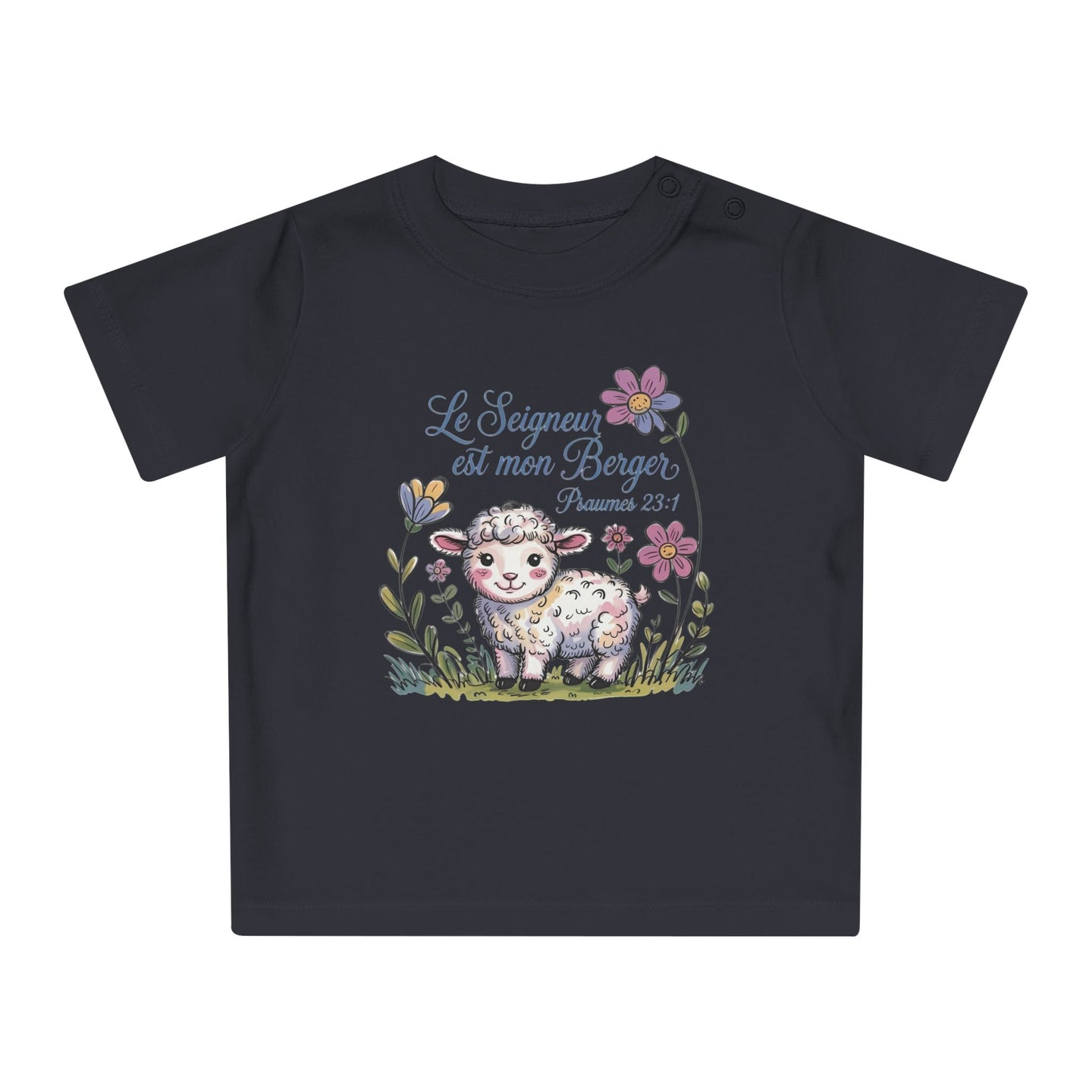 T-shirt gris foncé pour bébé avec un dessin d'agneau et l'inscription Le Seigneur est mon Berger.