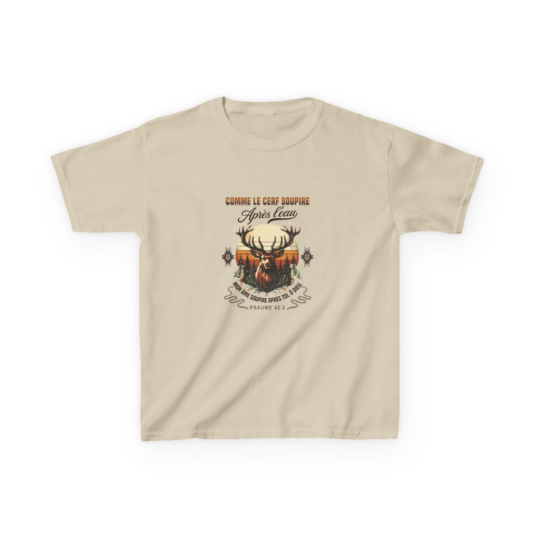 T-shirt beige pour enfant avec une illustration de cerf et le texte biblique Psaume 42:2.