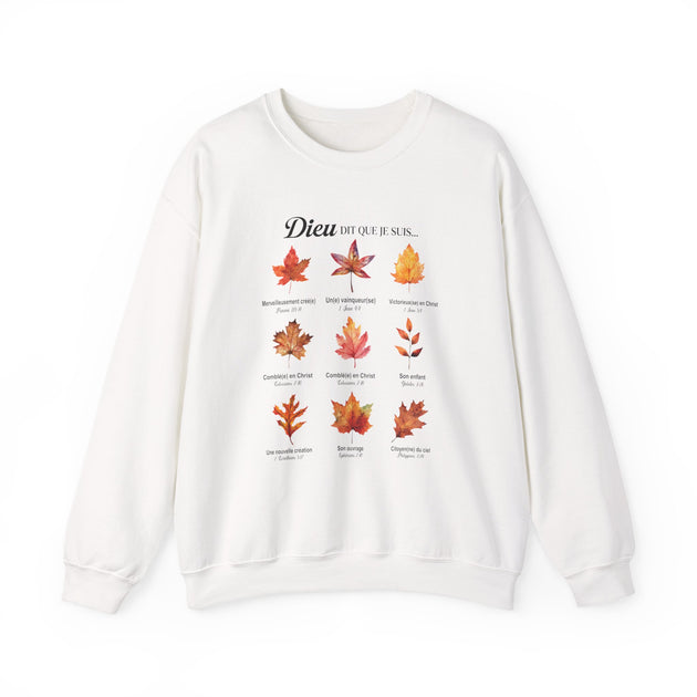 Sweatshirt blanc à col rond orné d'un motif de feuilles d'automne et de textes bibliques.