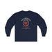 T-shirt bleu marine à manches longues avec un motif de cœur entouré d'épines et texte religieux.