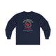 T-shirt bleu marine à manches longues avec un motif de cœur entouré d'épines et texte religieux.