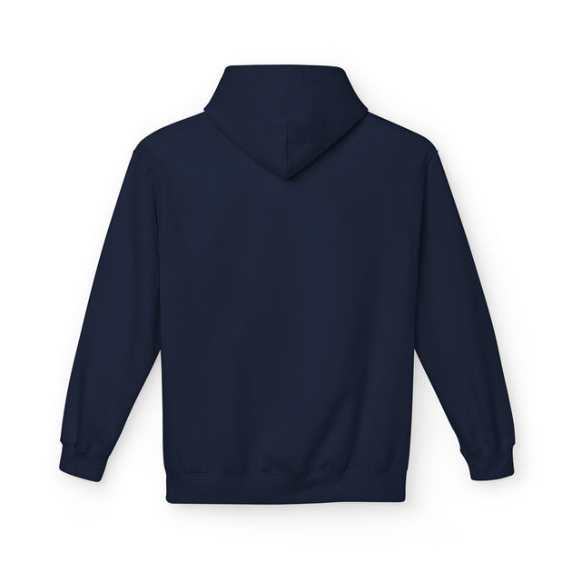 Vue arrière d'un sweat à capuche bleu marine uni pour femme avec une coupe décontractée.