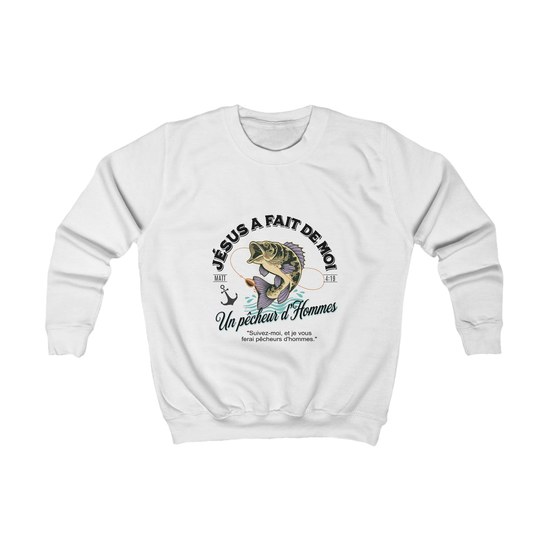 Sweatshirt blanc pour enfant avec une illustration de poisson et un message chrétien imprimé.