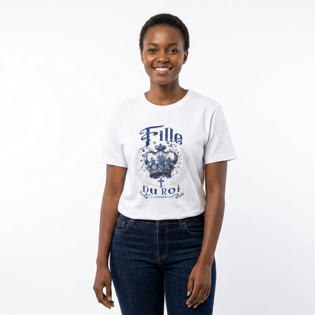 T-shirt blanc pour femme avec une couronne bleue, une croix et le texte Fille du Roi.
